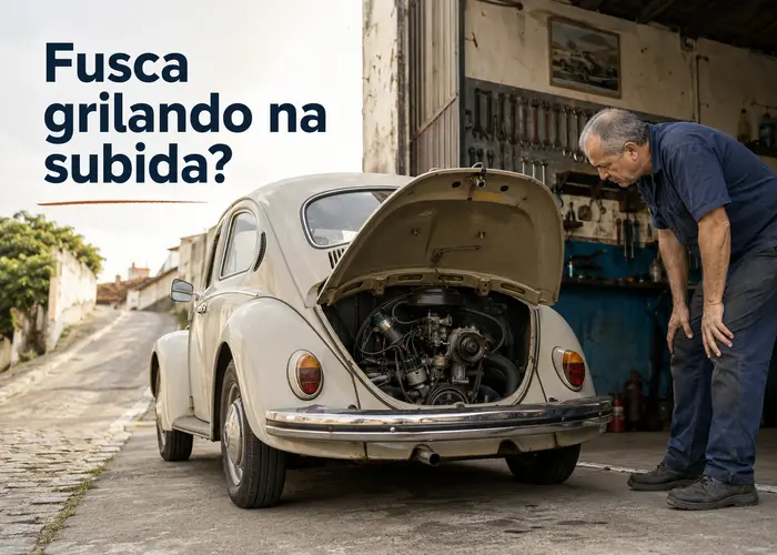 Fusca antigo com motor aberto sendo avaliado por mecânico em oficina