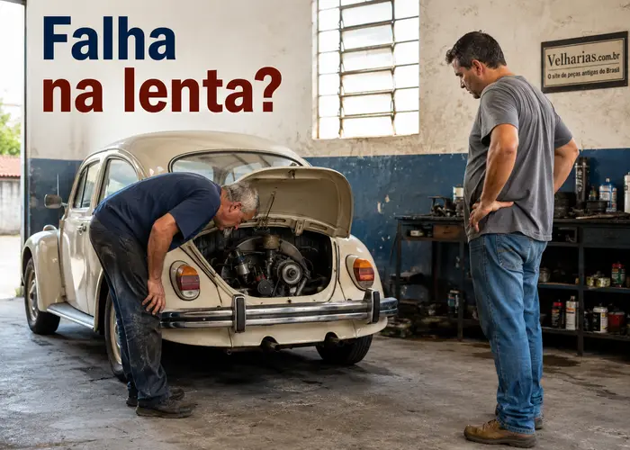 Fusca antigo falhando na lenta em avaliação na oficina