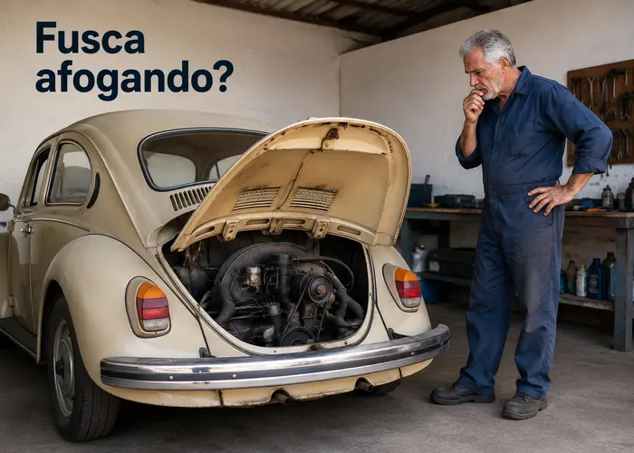 Fusca antigo com motor aberto em avaliação de cheiro de gasolina