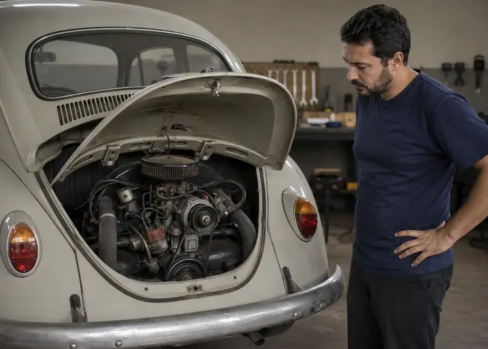 motor de Fusca em oficina para revisão de ponto