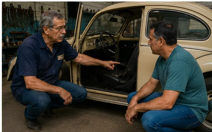 mecânico explicando folga no câmbio de Fusca