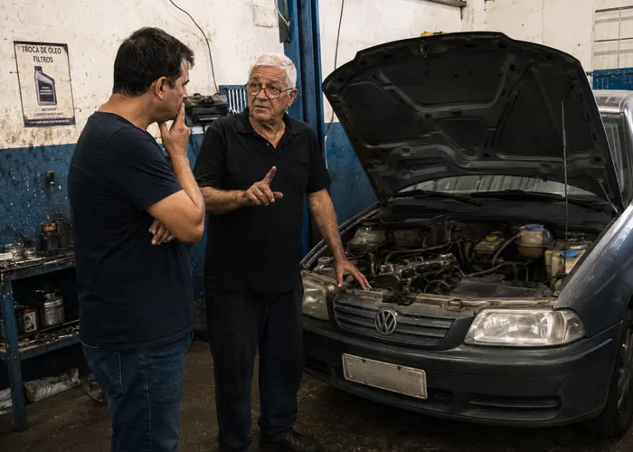 mecânico avaliando luz de óleo em carro antigo