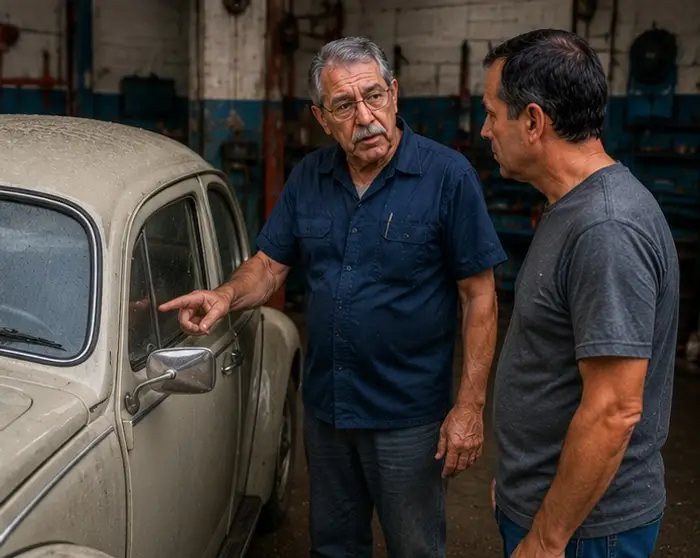 funileiro avaliando infiltração em Fusca antigo