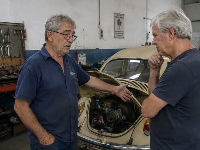 mecânico avaliando ignição de Fusca antigo
