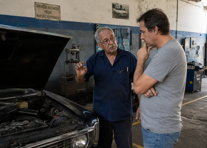 eletricista diagnosticando problema de fusível em carro antigo