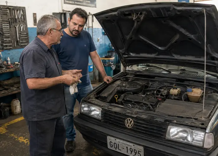 mecânico avaliando consumo de óleo em carro antigo