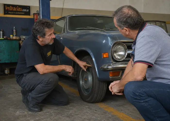 mecânico avaliando suspensão dianteira de carro antigo