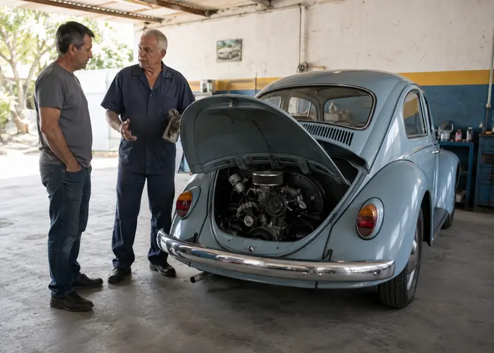 Fusca parado em garagem para revisão de carburador
