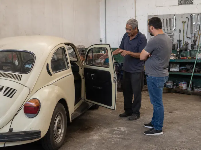 Fusca em oficina para avaliação de marcha arranhando