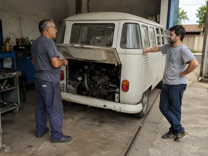 mecânico esperando motor de Kombi esfriar